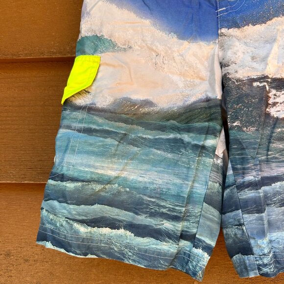 OP Boys Shark Swim Trunks Blue Ocean Surf Print Neon Yellow Waistband Size M 8 - Picture 6 of 9